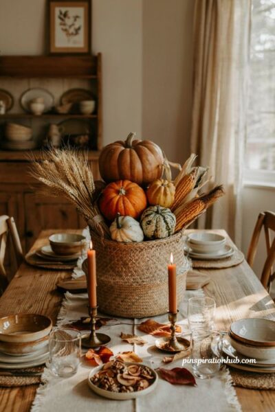 Harvest basket pumpkin centerpiece idea with gourds and dried corn for fall table decor