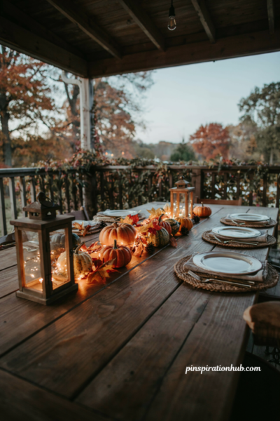 # Harvest table runner lighting title Fall outdoor table lighting with glowing harvest centerpiece pumpkins gourds maple leaves and lanterns