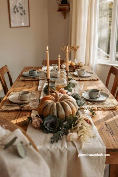 Heirloom pumpkin centerpiece with fresh blooms and greenery for rustic fall table decor