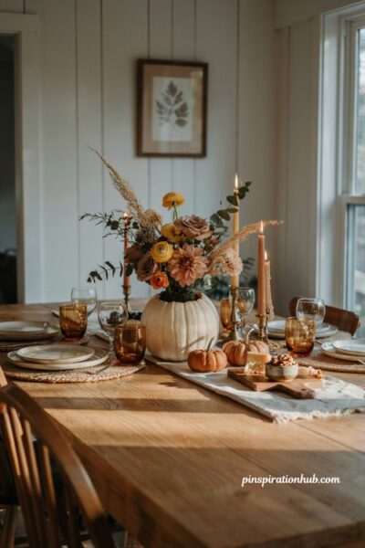 Hollowed white pumpkin flower vase centerpiece with fresh blooms for fall table decor