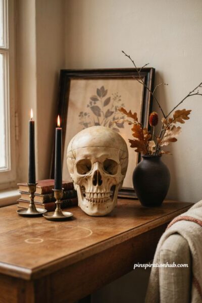 Indoor Halloween decorations with antique skeleton bust candles and old books on a cozy side table