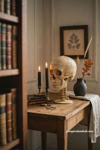 Indoor Halloween decorations with antique skeleton bust candles old books and cozy side table decor
