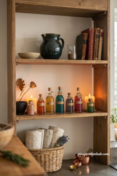Indoor Halloween decorations with colorful potion bottles candles and witchy open shelf decor