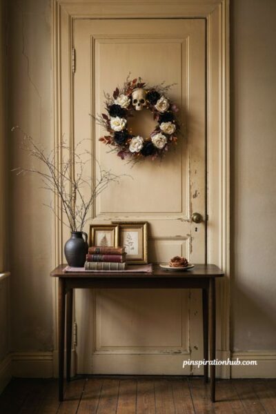 Indoor Halloween decorations with elegant skull and black rose wreath on a moody interior door