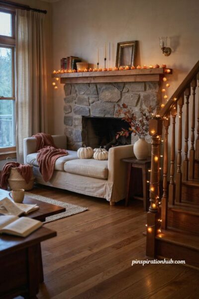 Indoor Halloween decorations with glowing pumpkin string lights on a cozy fall mantel and staircase