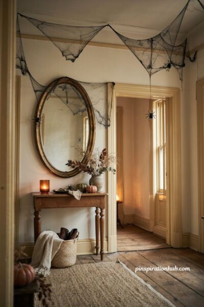 Indoor Halloween decorations with spiderweb garland faux spiders and cozy autumn entryway decor