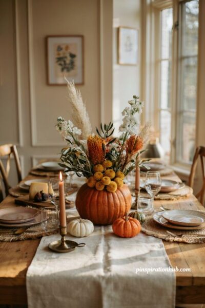 Kangaroo paw and mixed texture pumpkin flower centerpiece for elegant fall table decor