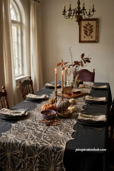 Lace spiderweb table topper for an elegant Halloween dinner table