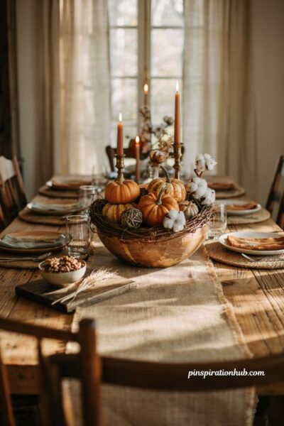 Layered dough bowl harvest centerpiece with pumpkins cotton and grapevine for cozy fall table decor
