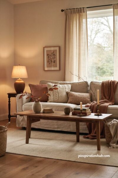 Layered fall pillows and cozy textiles for a warm living room
