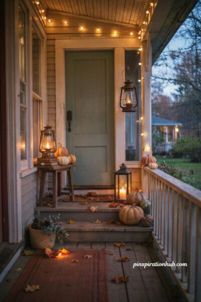 Layered fall porch lighting with string lights lanterns pumpkins and warm glow