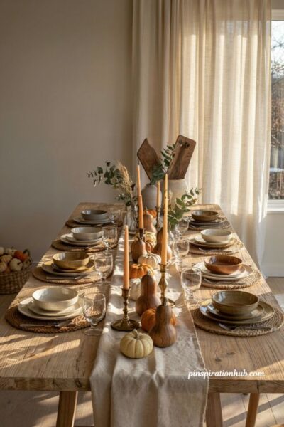 Layered wooden gourd and mini pumpkin centerpiece for modern farmhouse fall table decor