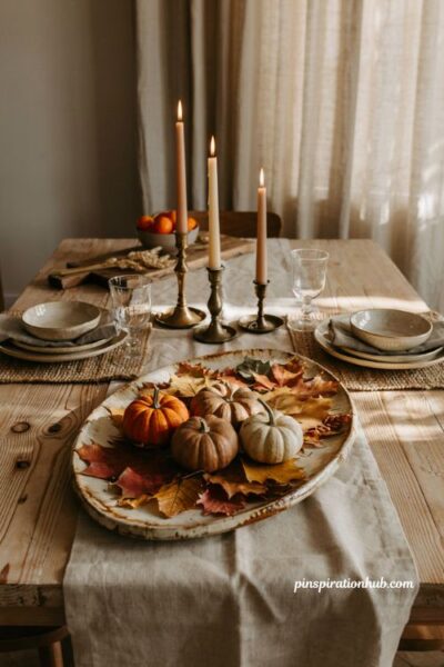 Leaf and pumpkin platter centerpiece for a simple diy fall harvest table decor