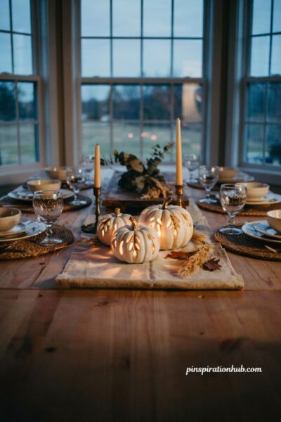 Leaf cutout candle pumpkin centerpiece with white and gold pumpkins for elegant fall table decor