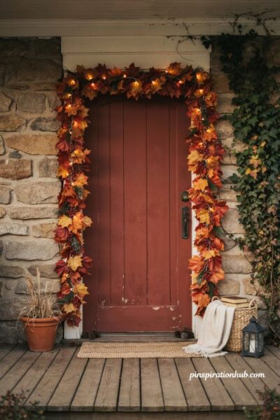 Lighted fall garland front door ideas with maple leaves pinecones and berries