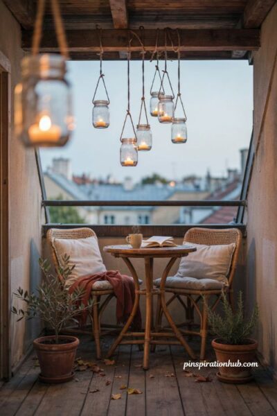 Mason jar lanterns hanging at different heights on a cozy fall balcony, warm candlelight, rustic autumn decor, teak seating, natural textures, and magical evening ambiance