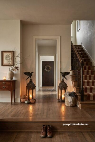 Metal crow lanterns for a gothic Halloween entryway