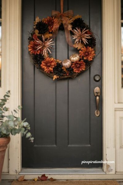 Metallic fall wreath for front door with burnt orange black flowers and mini pumpkins