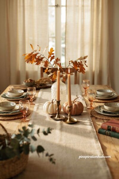 Milk glass vase with oak stems pumpkins and brass candles for cozy fall table decor