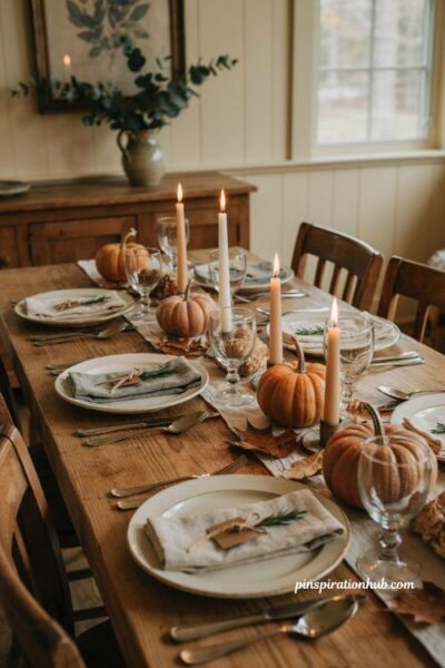 Mini pumpkin place setting table decor for fall dinner