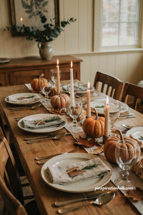 Mini pumpkin place setting table decor for fall dinner