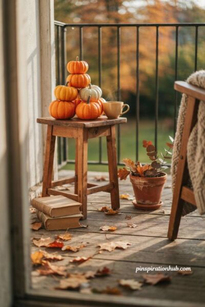 Mini pumpkin pyramid on a cozy fall balcony, stacked orange white and green mini pumpkins with rustic wooden stool, old books, autumn foliage, and warm seasonal decor