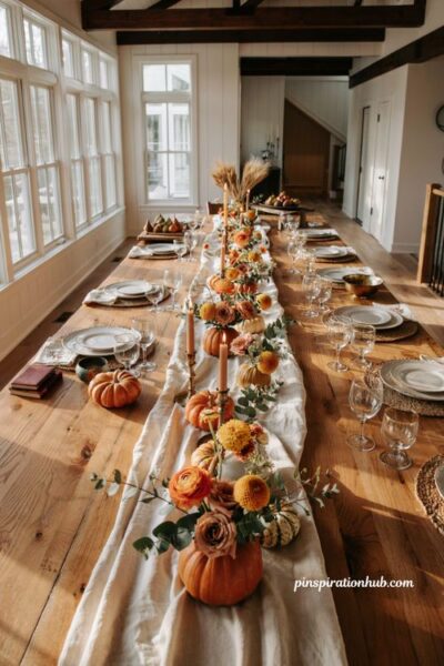 Multiple pumpkin flower centerpieces along a long farmhouse dining table for fall decor