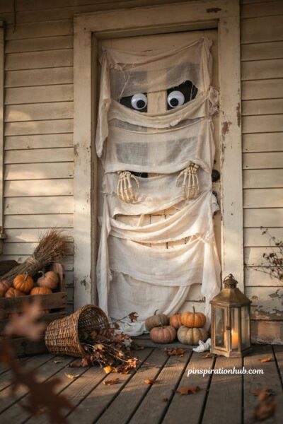 Mummy wrapped door with googly eyes for diy Halloween decor