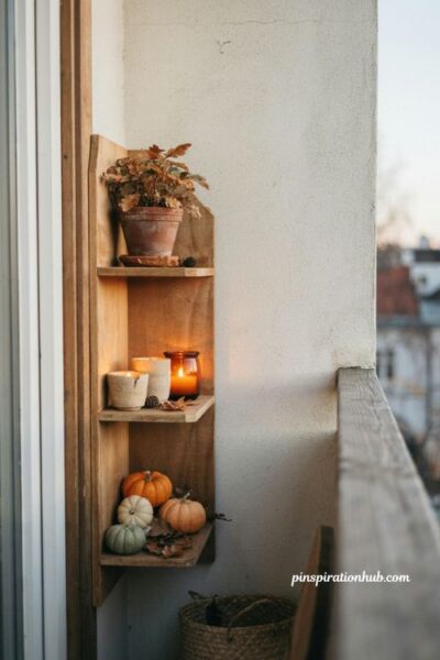 Narrow corner shelf with mini pumpkins and candles on a cozy fall balcony, rustic vertical decor with autumn plants, amber glass, weathered wood, and warm seasonal accents