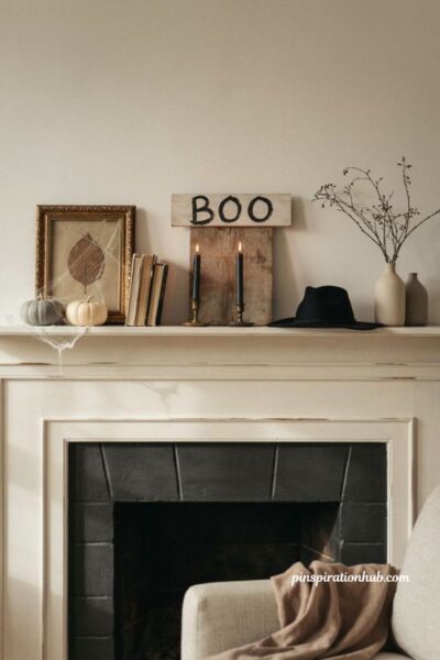 Neutral Halloween mantel decor with pumpkins and subtle spiderweb accents