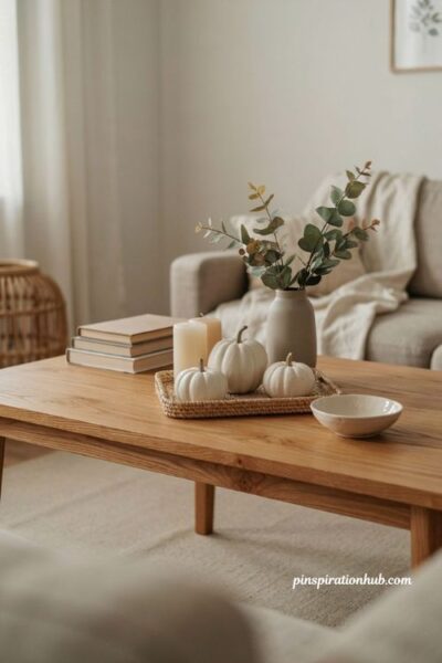 Neutral fall coffee table decor with white pumpkins eucalyptus and wicker tray