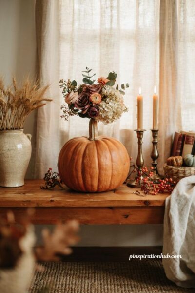 No carve floral topped pumpkin centerpiece idea for reusable fall home decor