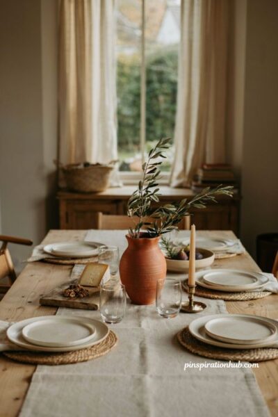Olive branch centerpiece in a terracotta vase for a neutral diy fall table decor