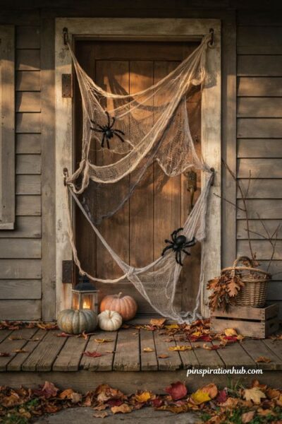 Oversized spiderweb door with diy Halloween porch decorations