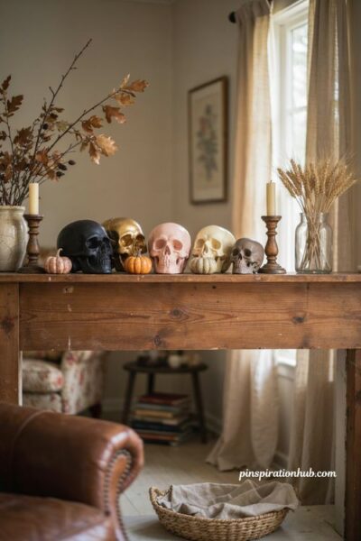 Painted dollar store skulls with matte black gold and pastel Halloween decor