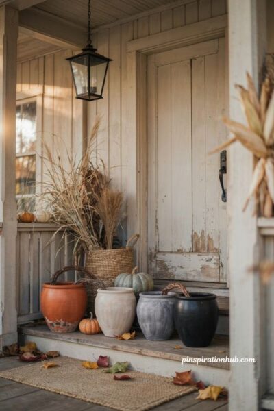 Painted terracotta pumpkin pots for cozy farmhouse Halloween porch decor