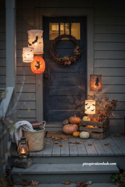 Paper lanterns with led candles for diy Halloween door decor