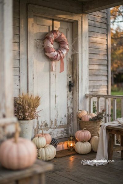 Pastel pink Halloween door with pink pumpkins and spooky accents