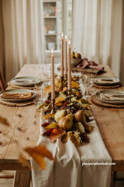 Pears and foraged leaves diy fall centerpiece for a cozy harvest dining table