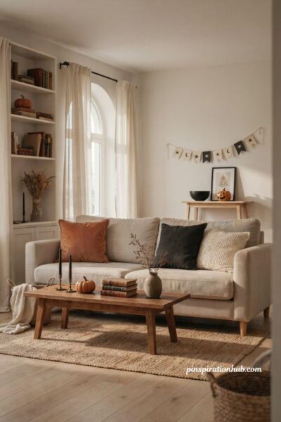 Playful Halloween text decor with neutral pillows and coffee table accents