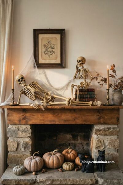 Playful skeleton mantel decor with pumpkins and candles for Halloween
