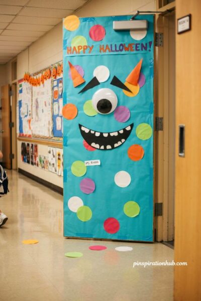 Polka dotted monster door for fun Halloween classroom decorations