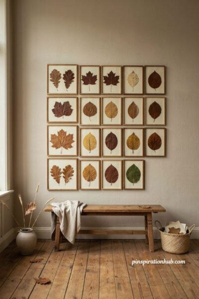 Pressed autumn leaves gallery wall with framed fall foliage above a cozy wooden bench