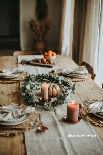 Pumpkin and eucalyptus centerpiece with candles for a simple diy fall table decor