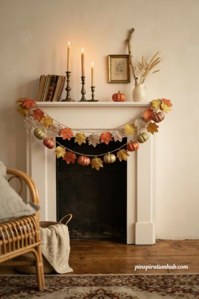 Pumpkin and maple leaf banner fall mantel decor ideas