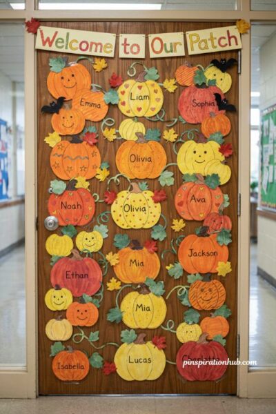 Pumpkin patch classroom door with student name decorations