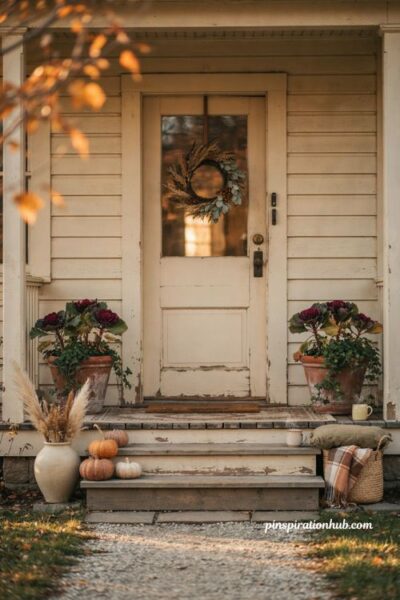Pumpkin pile fall porch decor with heirloom pumpkins and cozy autumn entryway