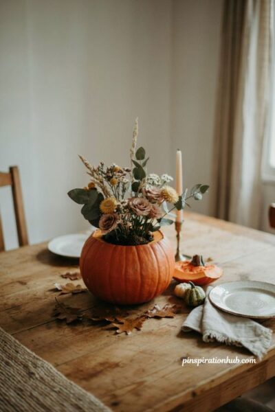 Pumpkin table decor with flowers planted in a pumpkin centerpiece