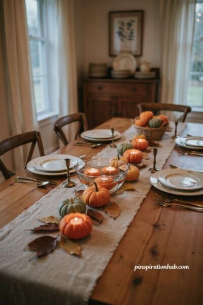 Pumpkin table decor with glowing mini pumpkin votive candles