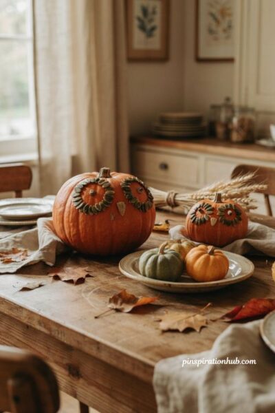 Pumpkin table decor with handmade owl pumpkin centerpiece